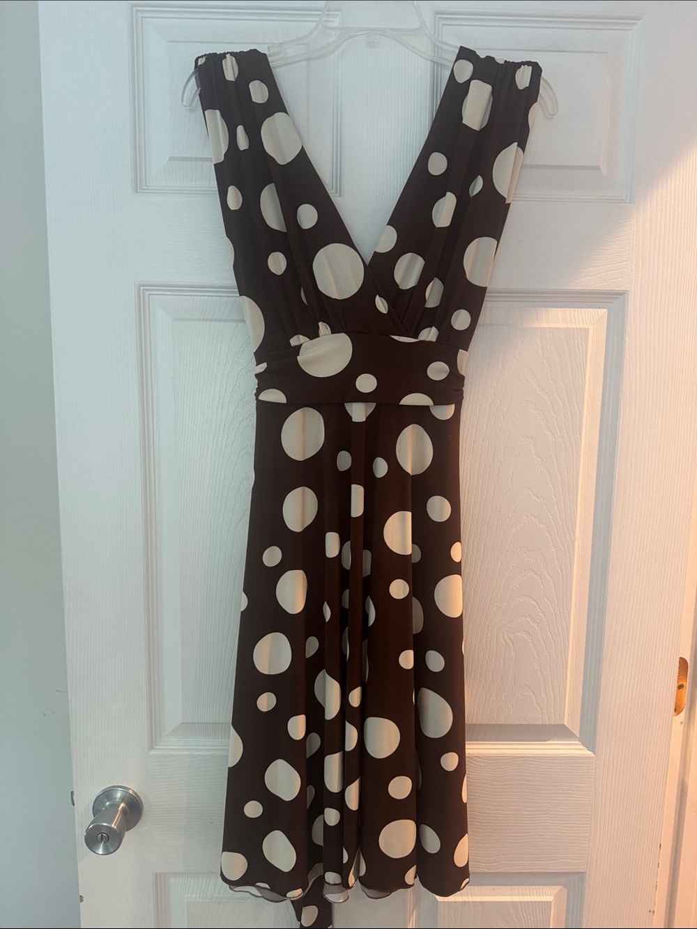 ROULETTE Polka Dot Brown & Cream V-Neck Dress